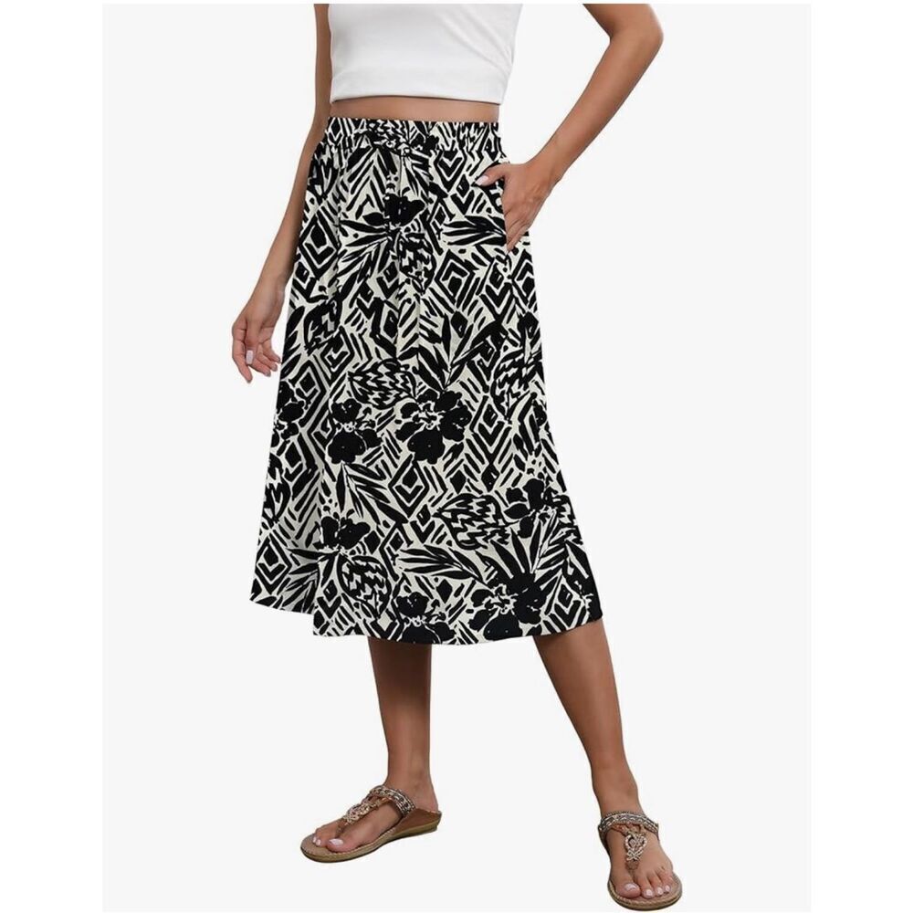 NEW Flowy Skirt Midi Elastic High Waist Skirt Pockets 2XL